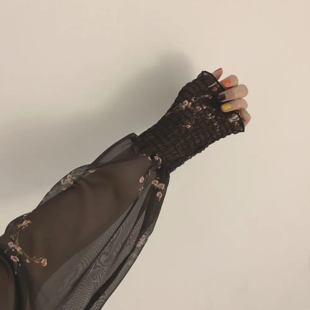 

2021 autunno donna Sexy abito nero fiore Vintage manica lunga a sbuffo abiti in Chiffon coreano Casual Mini abiti abiti Mujer
