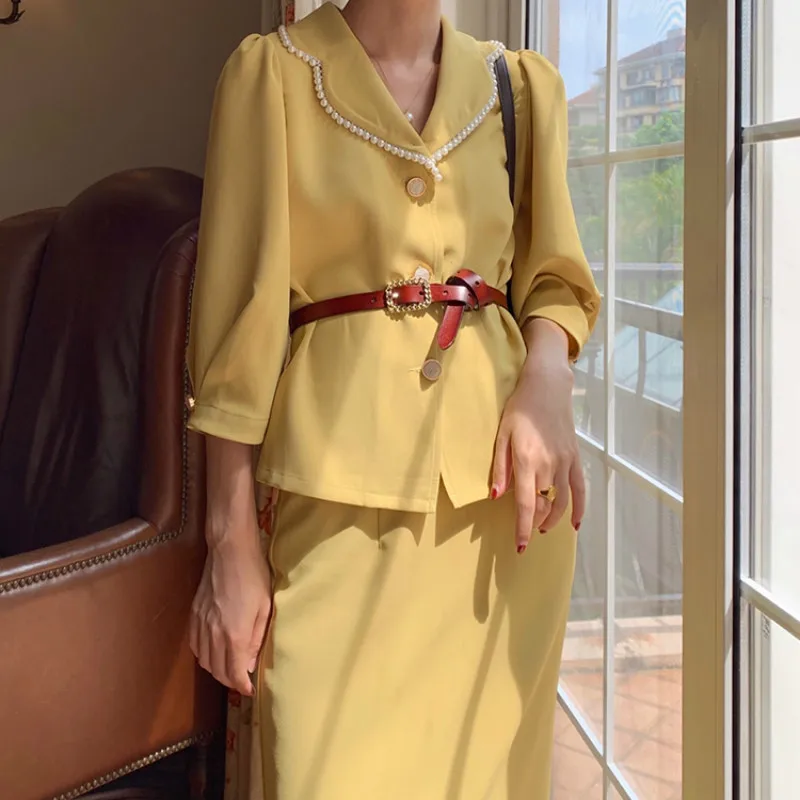 

Women Vintage 2 Piece Set Suit Sashes Pearl Notched Blazer and Skirt Elegant Fall French Style Office Lady Chic Two Piece Sets