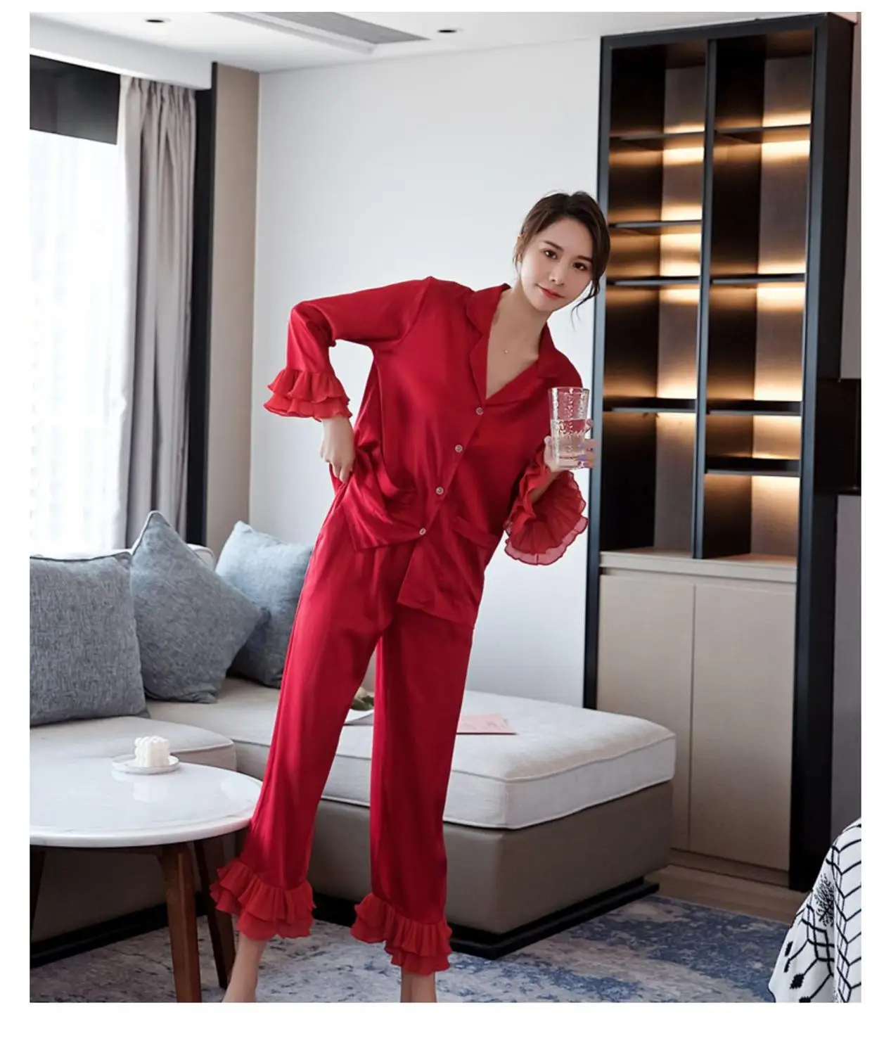 Женский Шелковый пижамный комплект Daeyard рубашка с длинным рукавом и отложным