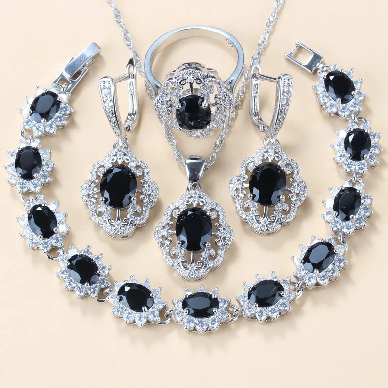 Cheer Victorian jewelry Sets Black Cubic Zirconia Earrings Necklace Pendant Bracelet And Ring Sets Free Gift Box