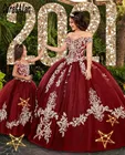 Vestidos De 15 лет бордовые платья Quinceanera Кружевная аппликация милое 16 платье с открытыми плечами мексиканские Выпускные платья 2021
