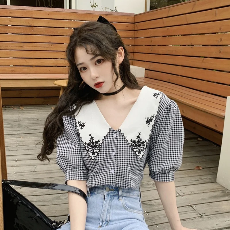 

Fashion Summer Lapel Floral Puff Sleeve Design Niche Flower Embroidered Blouse New