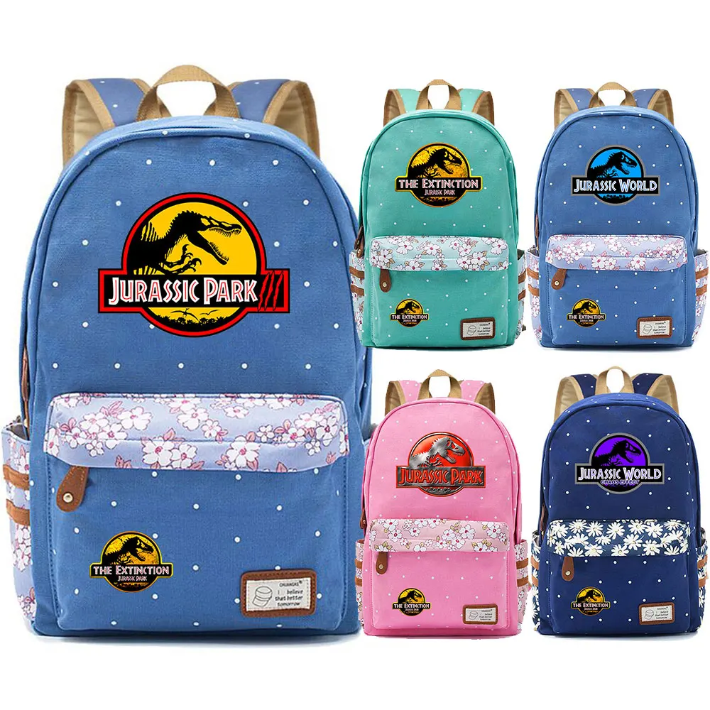 Adventure Dinosaur Jurassic Park World Flowers Dot Boy Girl School bag Women Bagpack Teenagers Canvas Lady Femme Backpack | Багаж и сумки