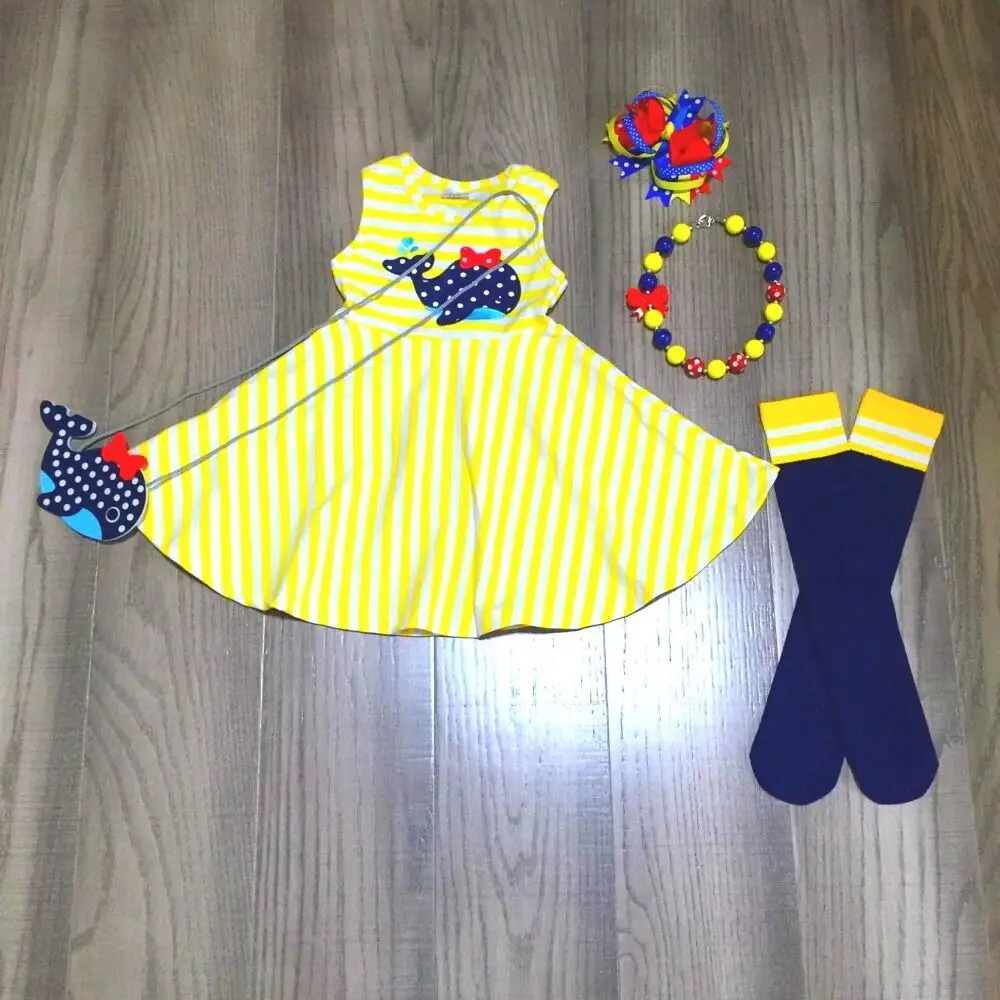 

Summer Girls Whale Embroidered Yellow Dress with Sock Purse Bow and Neckalce
