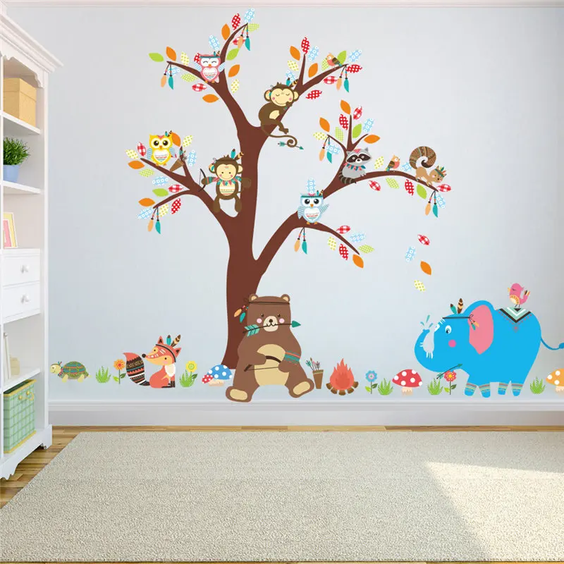 

Lovely Animal Big Tree For Kindergarten Wall Sticker Kids Room Home Decor Elephant Monkey Cartoon Safari Mural Art Decals