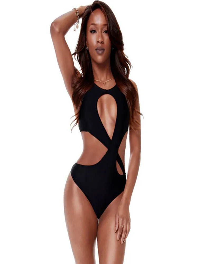 

2021 New Women's Fun Bikini Swimsuit Fashion Sexy Slim Cross Cut Black Women's One-Piece Swimsuit