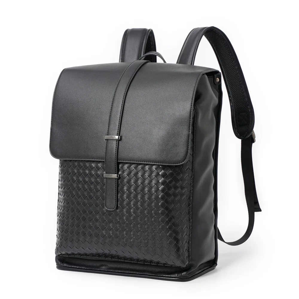 

Man Fashion Woven Black Leather Backpack Bag Men's Travel Bookbag Solid Pu Leather Knitting Designer Cover Shoulder Backbag 2021