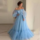 Небесно-голубые платья для выпускного вечера с длинным рукавом с открытыми плечами платье принцессы 2022 плиссированные тюлевые деловые вечерние платья