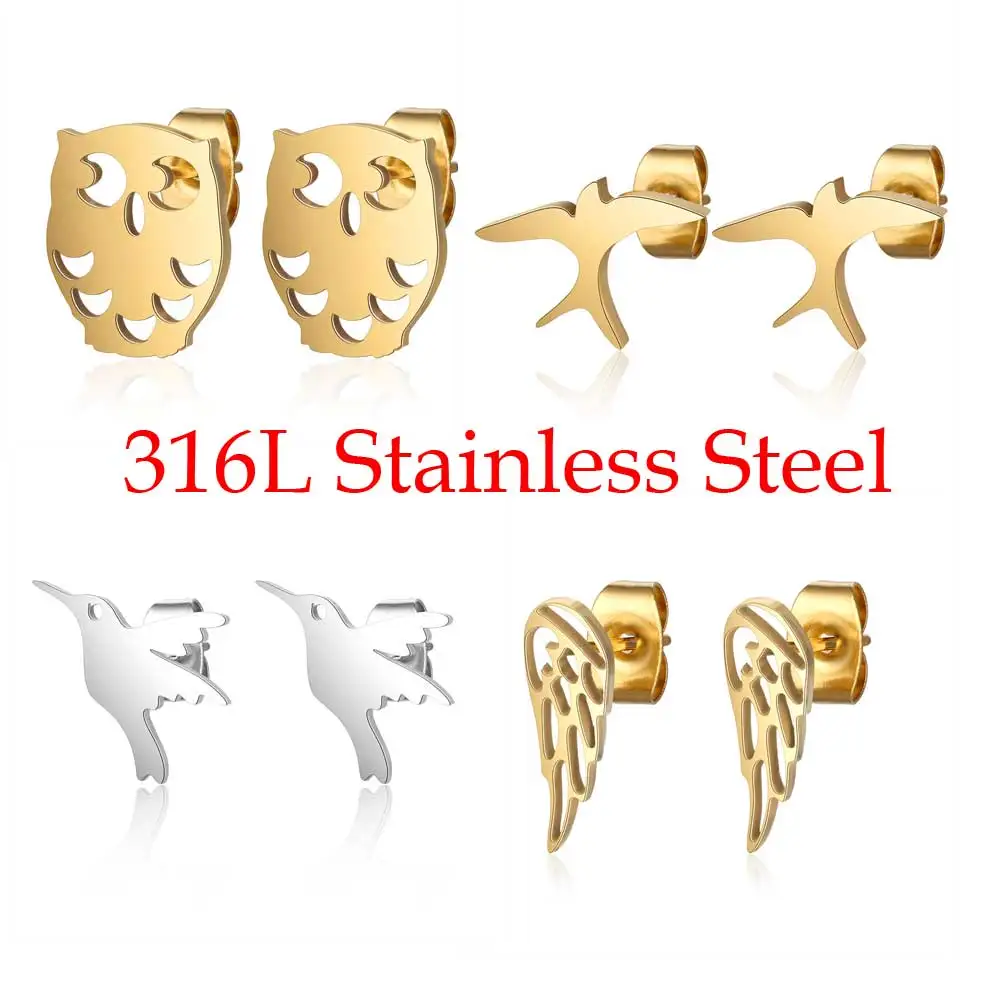 100% 316L Stainless Steel Night Owl Humming Bird Swallow Stud Earring for Women Simple Jewelry Dropshipping | Украшения и