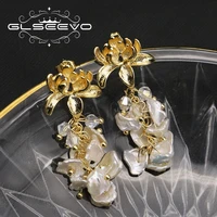 glseevo natural fresh water baroque pearl drop earrings for women wedding dangle flower earrings luxury handmade jewelry ge0310