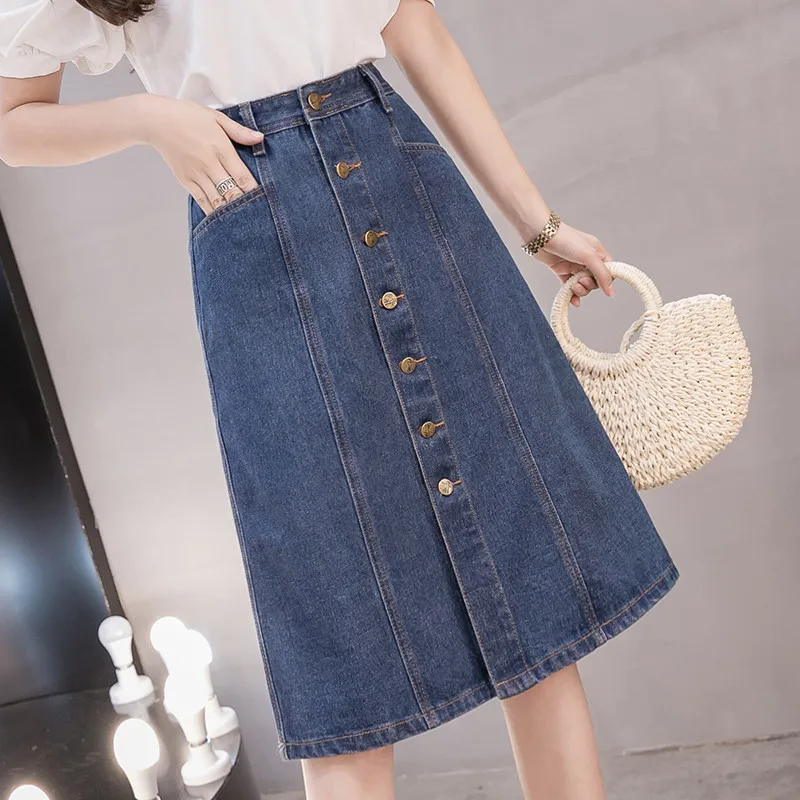 

Skirts 5891 COIGARSAM Blue High Size Denim Spring Plus Skirt Women Waist New Summer Women Denim Skirt New Spring Summer High Wai