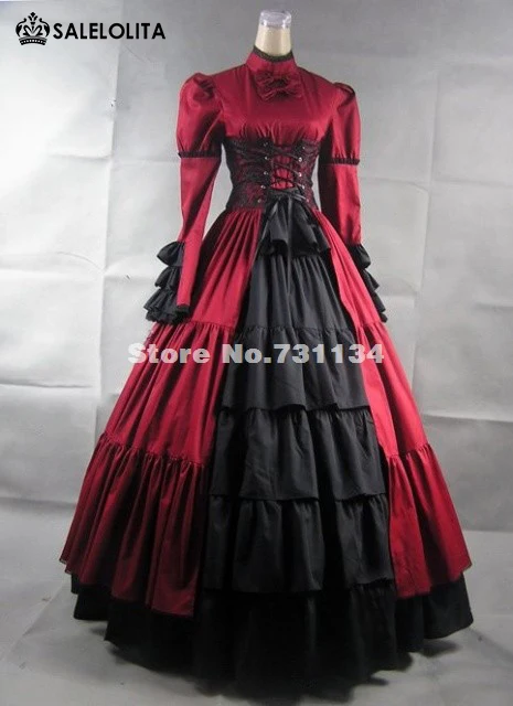 

Распродажа, Красные атласные платья в викторианском стиле с длинным рукавом, воротником-стойкой и бантом, женское платье для вечевечерние Н...