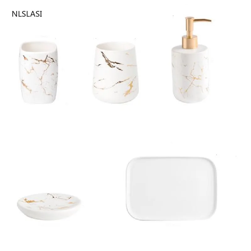 

Nordic Style Marble Pattern Six-piece Suit Ceramic Home Bathroom Set Soap Dish Lotion Bottle Toothbrush Holder Mouth Cup Tray