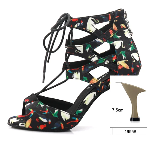 Black heel 7.5cm WUXIJIAO танцевальная обувь для латинских танцев; женская Тканевая обувь для сальсы с принтом «гусиная лапка»; профессиональная танцевальная обувь; Мягкая Обувь для бальных танцев - Цвет: Black heel 7.5cm