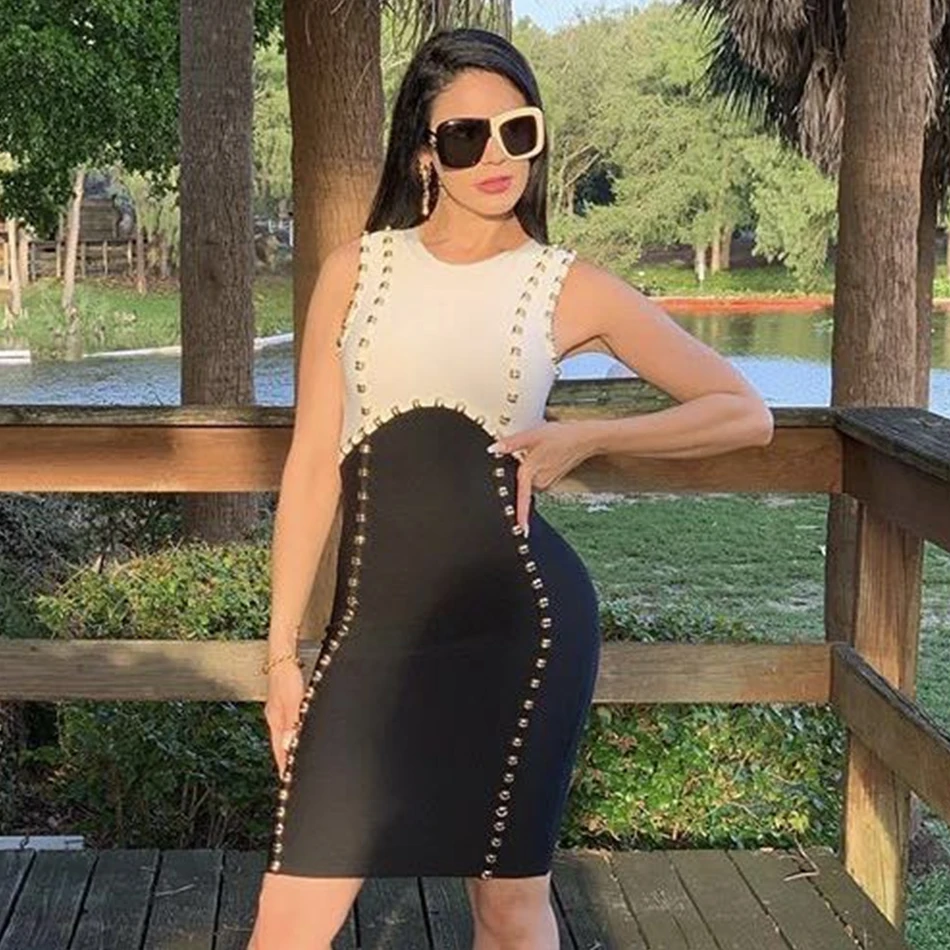 Summer new 2021 hot elegant beaded decoration sexy red stitching tight bandage dress women's celebrity party | Женская одежда