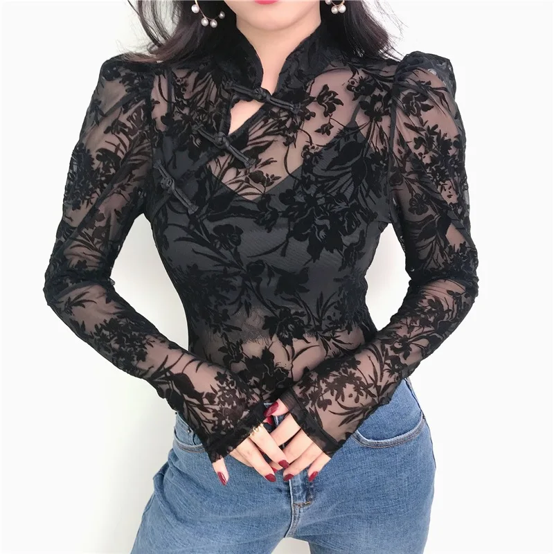 Сексуальный китайский стиль сетчатый черный прозрачный Облегающий комбинезон