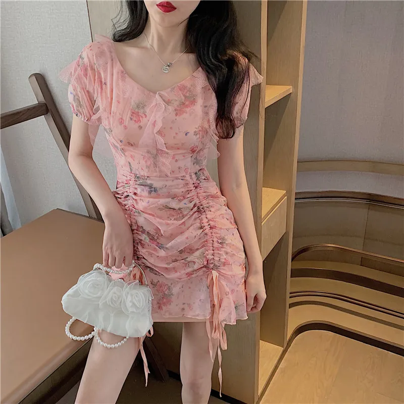

2021 Summer Chic Drawstring Ruffles Robe High Waist Slim Mini Dress Sexy V-Neck Floral Women Sweet Dress Vestidos