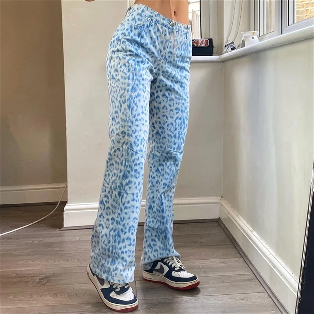 

Women Leopard Cargo Pants High Waist Trousers Blue Pants Flare Sleeve Retro Pants Pockets Zipper Female Streetwear