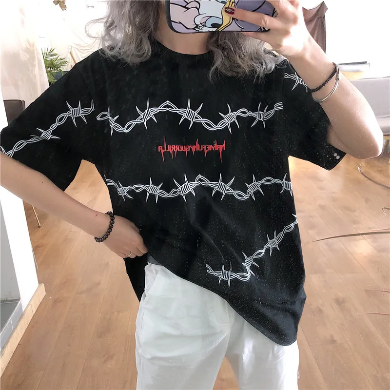 

Harajuku Women's T-Shirts Thorns Pattern Streetwear T Shirt Loose Short Sleeve Unisex Tees Couple Clothes Grunge Tumblr Tops