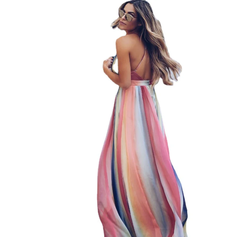 

2021 Ladies Chiffon Print Rainbow Color Gradient Symphony Big Swing Dress