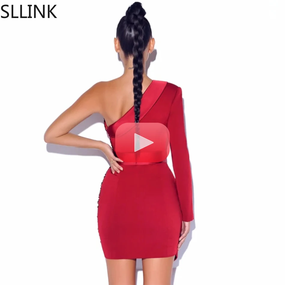 

2020 Summer New Fashion Women'S Dress Bodycon Sexy V-Neck One- Shoulder Long Sleeve Sequins Tight Club Party Mini Dress Vestido