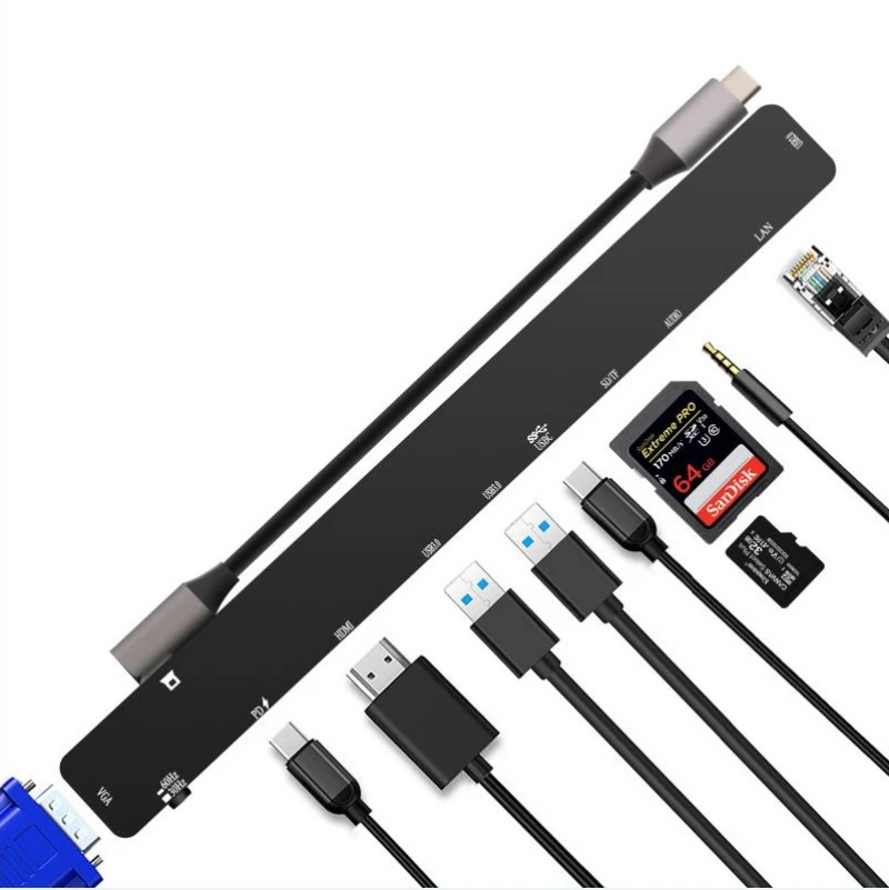 

USB C HUB 11 in 1 USB 3.0 HUB USB Splitter OTG Type-C to VGA PD HDMI TF SD 3.5mm Audio RJ45 Gigabit Ethernet for MacBook Pro