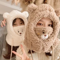 cute bear hat with earflaps winter hats for women girl lamb plush warm thickened balaclava with ears mask female fur for hood