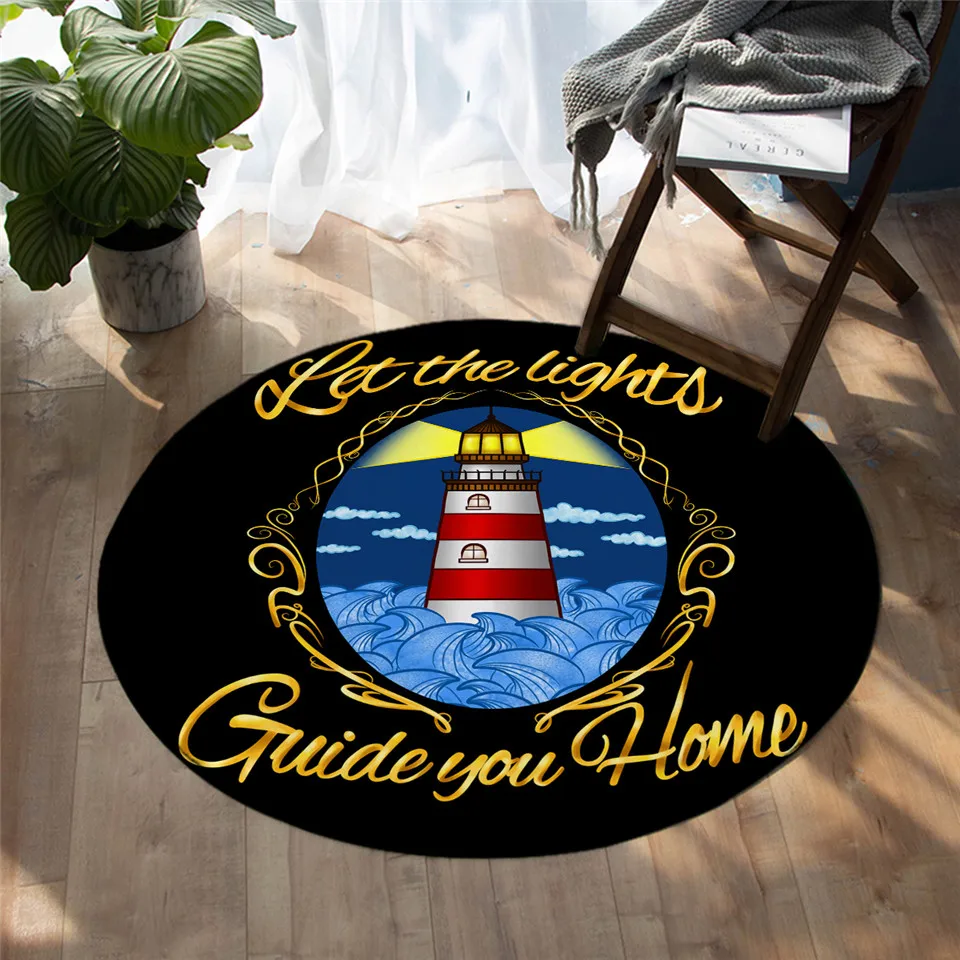 

Cartoon lighthouse hot air balloon pattern golden letters round small floor mats floor mats bedroom living room home decoration