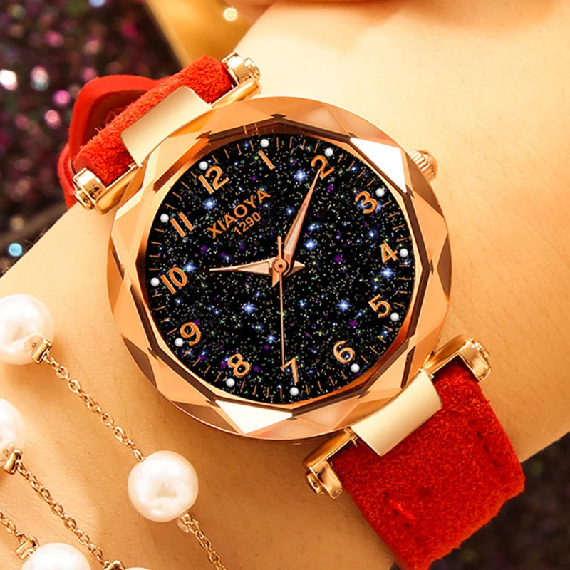 

Часы женские кварцевые с кожаным ремешком, изысканные роскошные модные наручные, с циферблатом звездного неба, с платьем