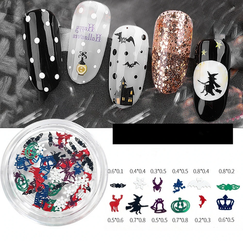 

Mix Halloween Shape Pumpkin Face Witch Spider Net Black Cat Bat Metallic Nail Art Sequins Decals