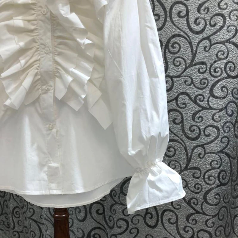 

TWOTWINSTYLE Casual Yellow Patchwork Ruffle Shirts Women Lapel Bell Long Sleeve Korean Straight Fashion Woman Blouses 2021 Style