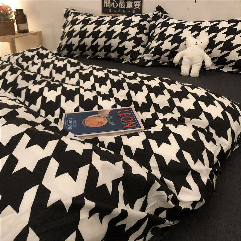 

2021 Nordic simple four - piece wash cotton multi - colour checked quilt cover double bedding bedroom bedspread pillowcase