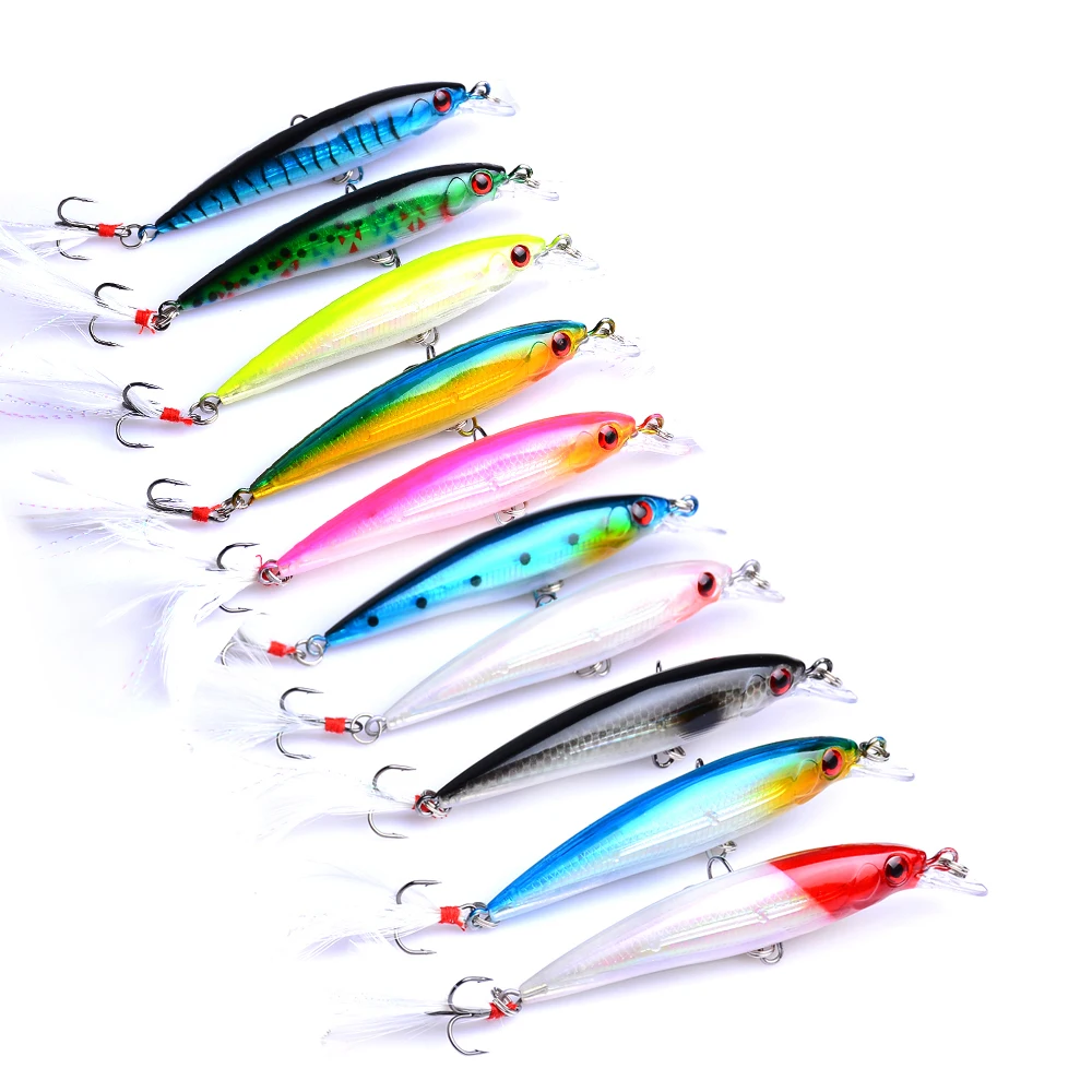 

100 шт., рыболовные приманки в форме гольяна с объемными глазами, плавающий лазер, 85 мм, 7 г, искусственные рыболовные крючки с перьями, воблеры, кренкбейт, приманки, рыболовная снасть