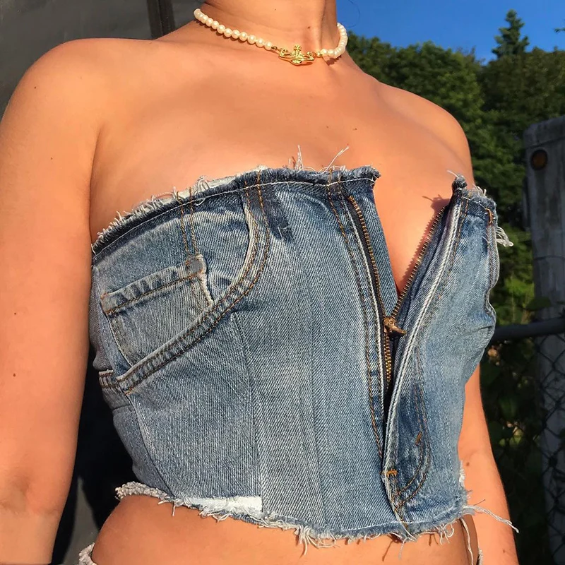 

Denim Zipper Tube Backless Tops For Women Lace Up Criss Pocket Sleeveless Fashion Summer Sexy E-Girl Cropped Top 2021