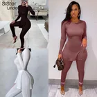 Женский трикотажный костюм Sisterlinda, повседневный комплект из двух предметов, Топ с длинным рукавом и леггинсы с разрезом, облегающий спортивный костюм, уличная одежда