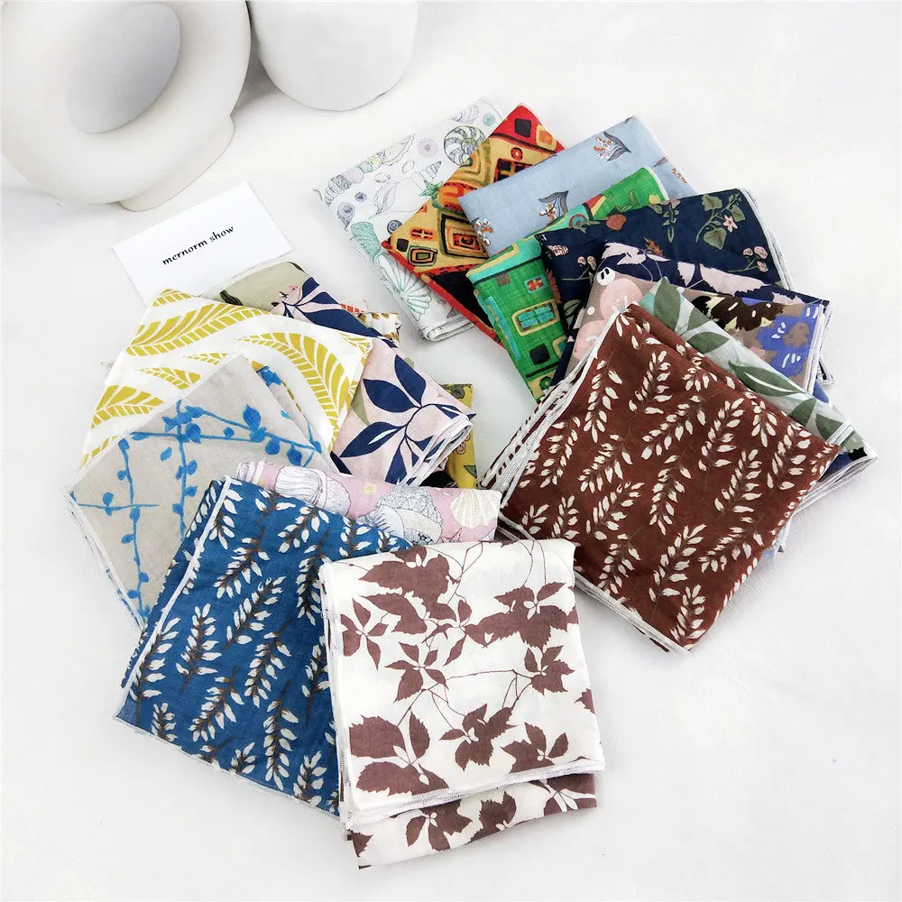 

55x55cm New Summer Women's Floral Print Cotton Square Neck Scarf Handkerchief Women Bag Handle Scarfs for Ladies Hair Bandanas