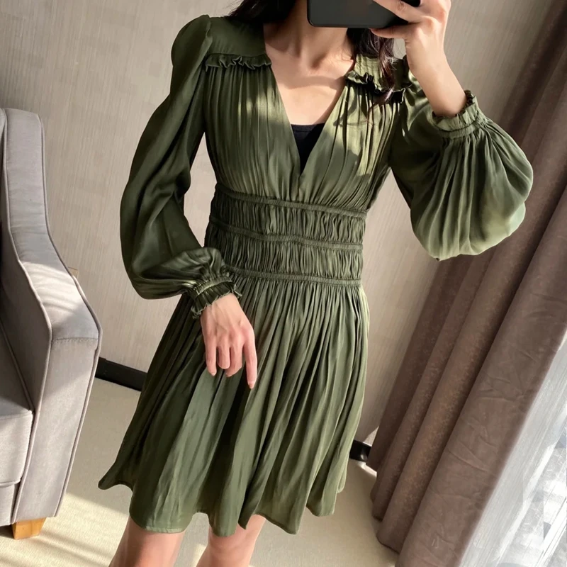 

Woman Satin Dress 2021 Summer V Neck Ruched Short Dresses