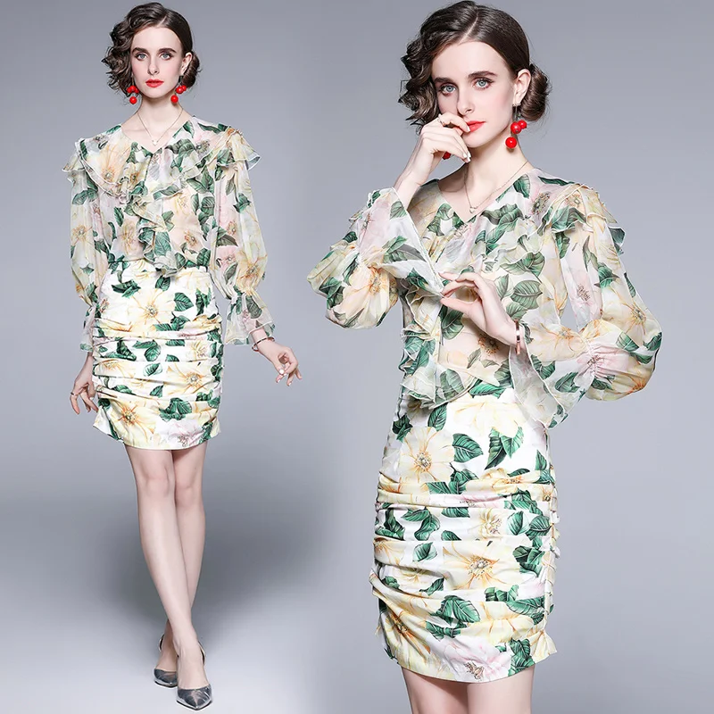 

Fashion Ruffles Suit Ladies Elegant Trumpet Long Sleeve V Neck Blouse Print Short Skirt Two Piece Set Women Clohtes