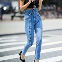 women elastic jeans slim high waist lace up trousers diagonal zipper tooling light blue pencil pants fashion jeans