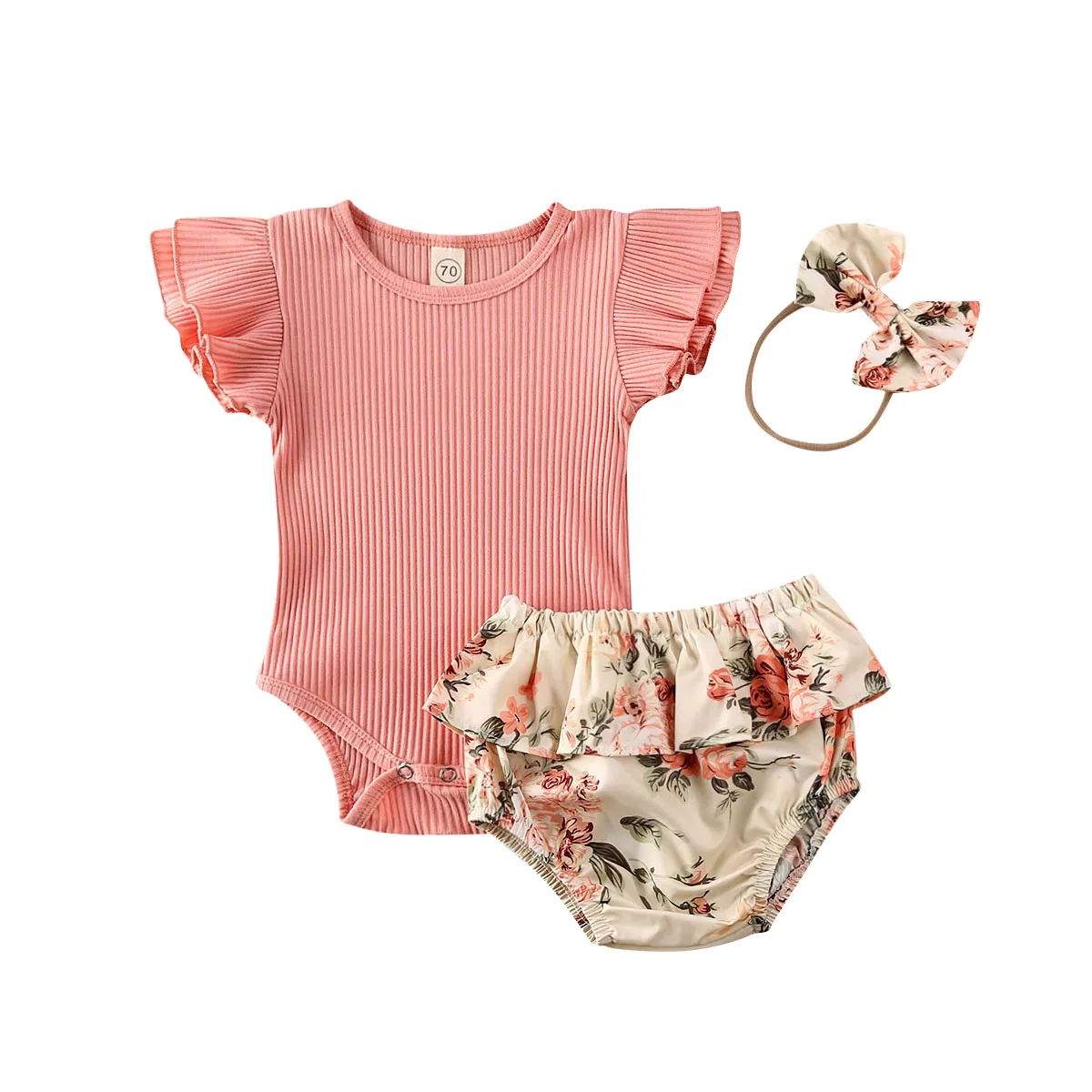 

0-24M Baby Summer Clothing Infant Newborn Baby Girl Ruffled Ribbed Bodysuit Floral Shorts Headband 3Pcs Set