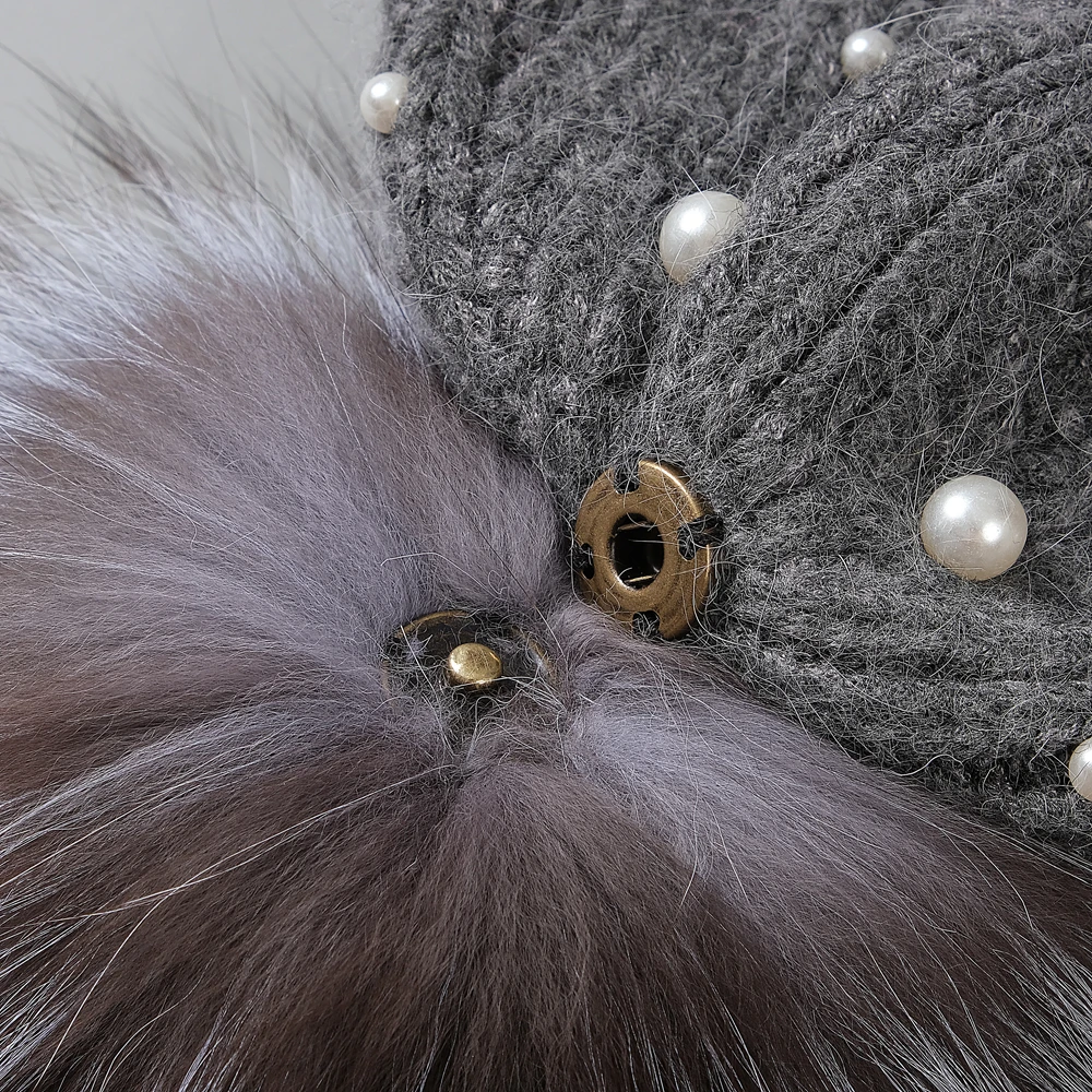 Женские шапки с помпонами из натурального меха вязанные шапки-бобы жемчугом