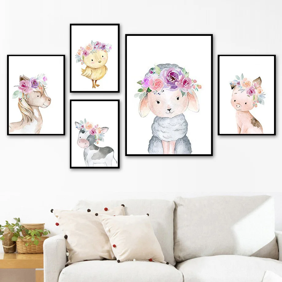 

Cartoon Animals Flowers Wall Art Canvas Painting Watercolor Rabbit Nordic Poster Wall Pictures For Living Room Picture Unframed