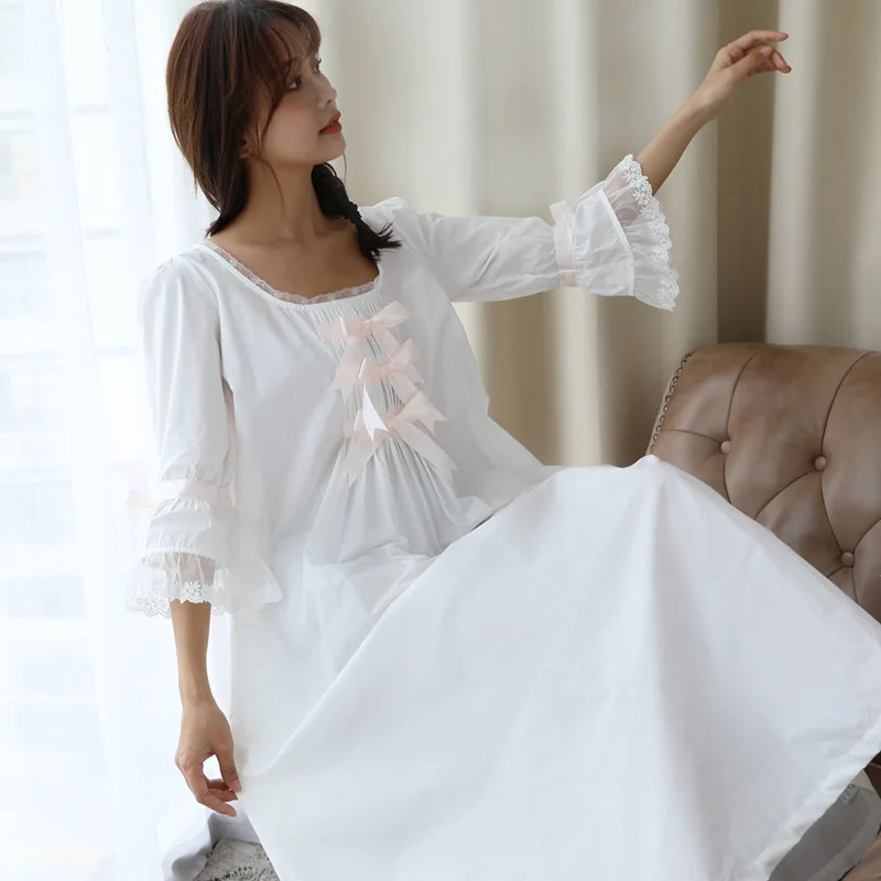 

Bowknot Three-quarter Sleeve Princess Nightdress Cotton Court Plus Size Loose Pajamas Women Korean Cute Home Service Sleepwear
