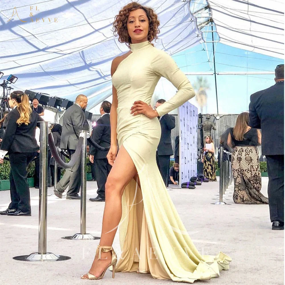 

Модные Желтые атласные вечерние платья с длинным рукавом на одно плечо платье-Русалка для выпускного вечера вечерние платья с Боковым Разр...