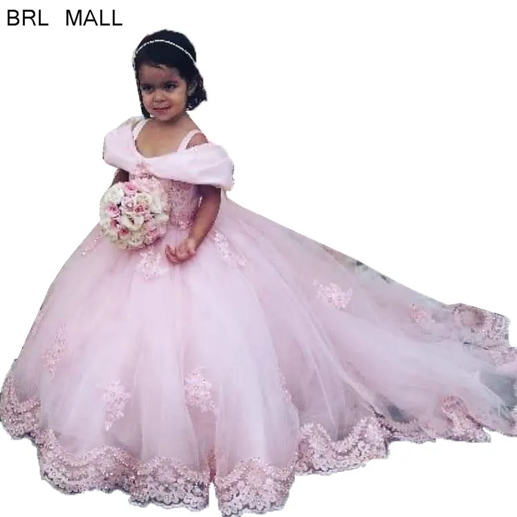 

Cute Baby Pink Lace Flower Girl Dresses Ball Gown Pearls Appliques Girls Pageant Dresses Tulle Floor Length vestido de daminha