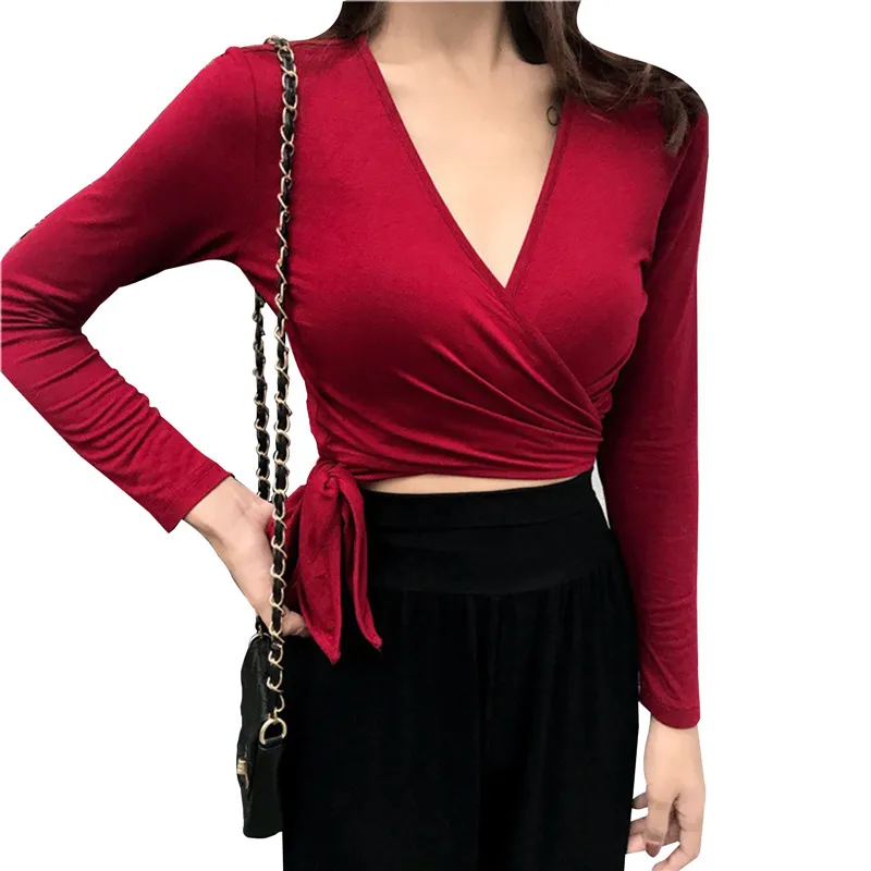 

New Women's Long-sleeved Solid Color V-neck Personality T-shirt Slim Fashion Long-sleeved Bottoming Shirt Women's Short Top