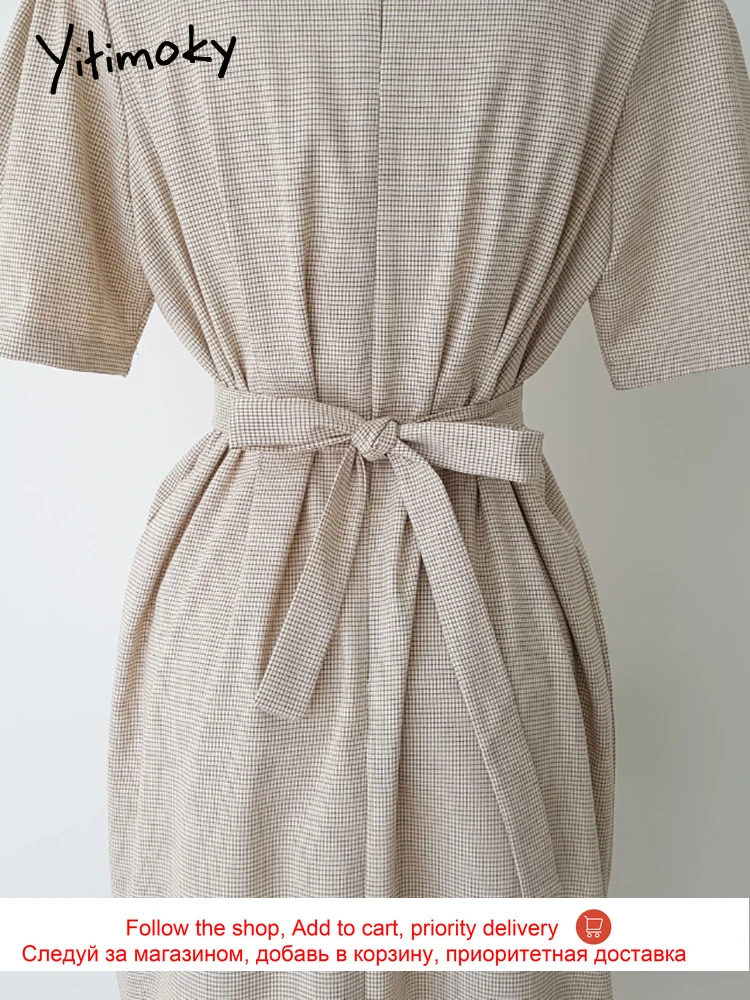 

Yitimoky Plaid Dresses Women Vintage Korean Fashion Clothing Lace Up Short Puff Sleeve High Waist V-Neck New Summer 2021