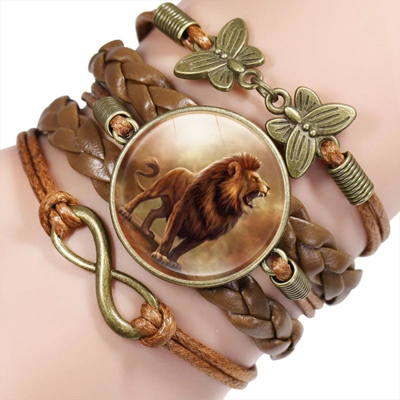 

Fashionable infinite lion glass cabochon bracelet, lion multi-layer braided leather bracelet, jewelry gifts for men and women