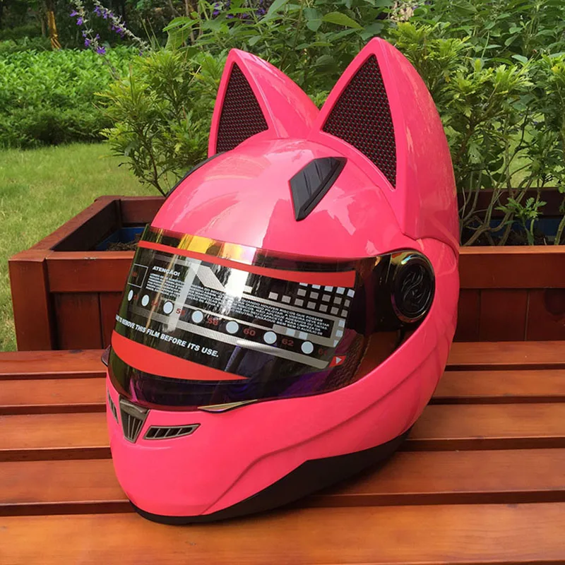 

Motorcycle Helmet With Cat Ears Pink Helmet Race Antifog Personality Design With Horn Capacete Casco Full Face Helmet