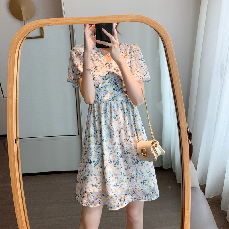 

Women's Dress 2021 Summer New Women's Clothes Temperament V-neck Sexy Top Women Mini Skirt Waist Floral Chiffon Dress Women
